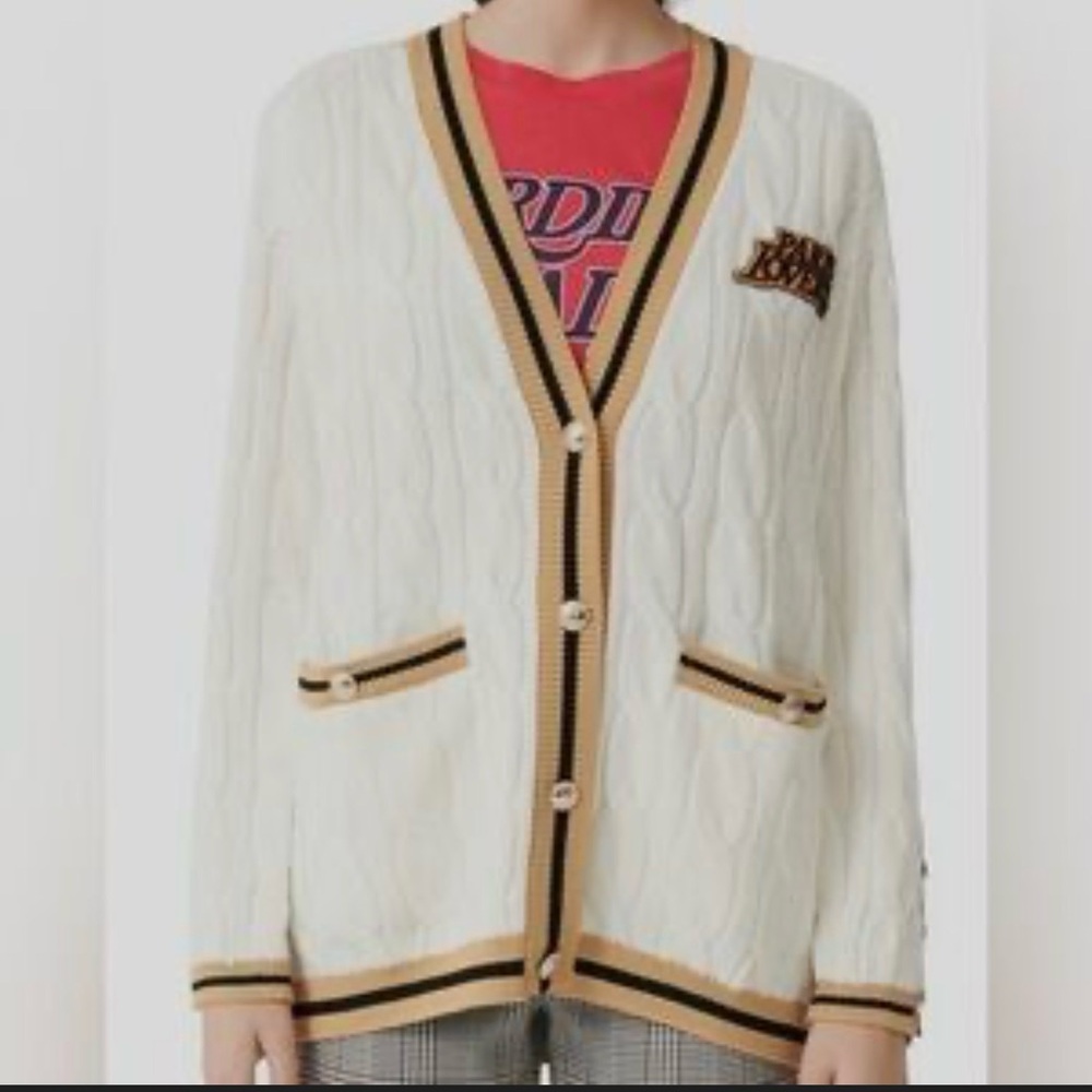 Maje Cream Cable-Knit Cardigan with Black and Camel Trim SIZE 1 (small/Medium)